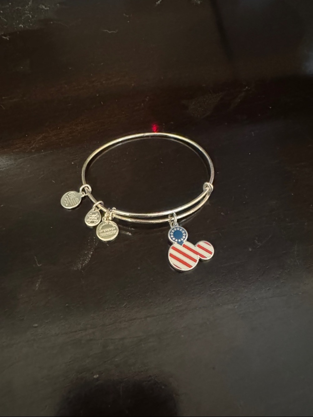 Alex and Ani Silver Bangle with Red, White & Blue Mickey Charm